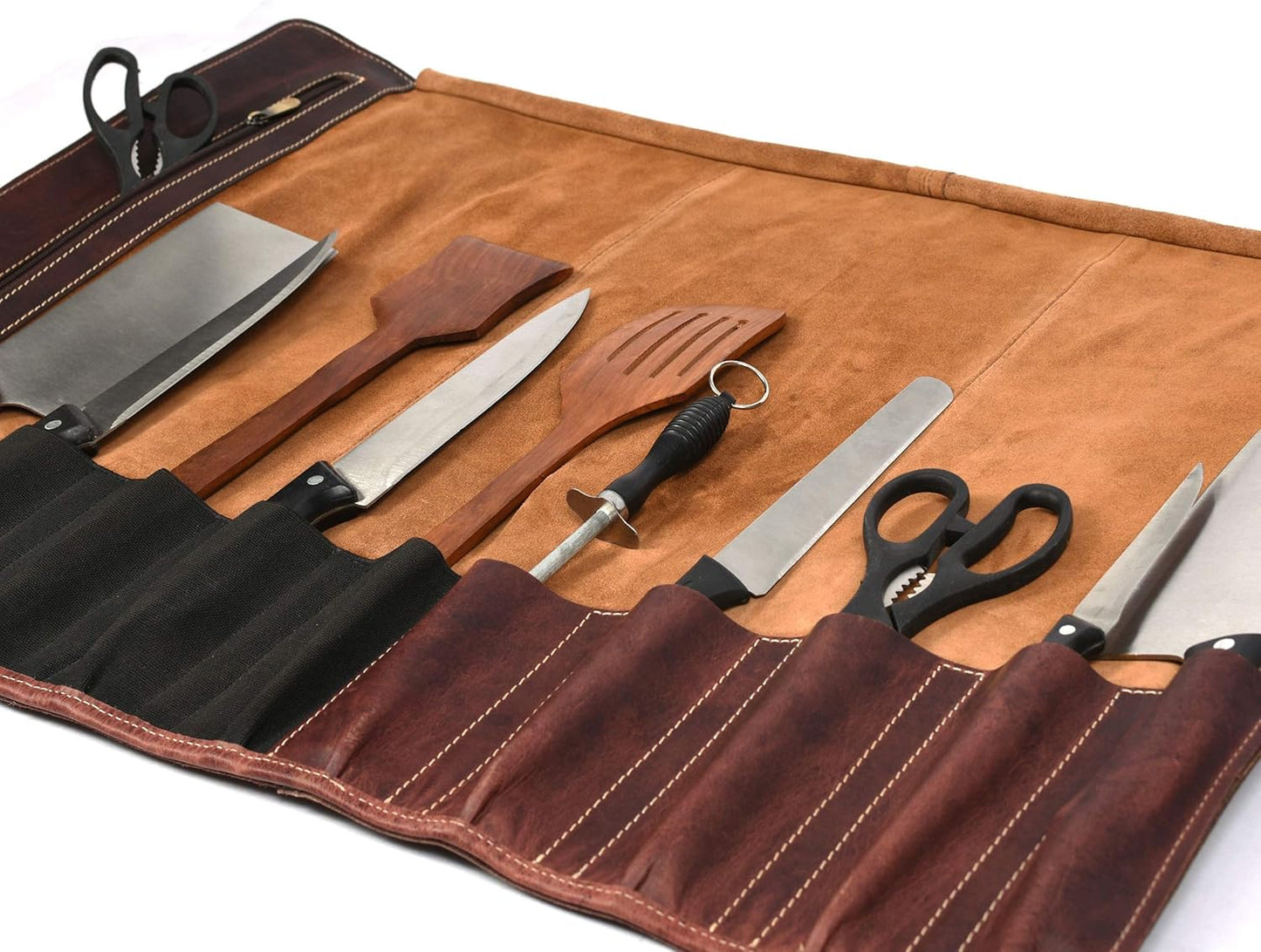 Tolredo Top Grain Buffalo Leather Chef Knife Roll Case 10 Slot and 1 Zipper Pocket for Culinary Storage Portable Bag with Detachable Shoulder Strap (Walnut, 29.5" X 20")