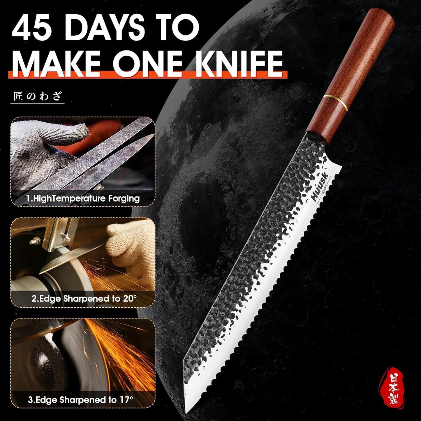 Huusk Japanese Brisket Carving Knife - 11" Slicing Knife for Meat Cutting Made by High Carbon Steel, Hand Forged Ultra Sharp Brisket Slicer with Wood Handle for BBQ Grilling Roast, Christmas Gifts