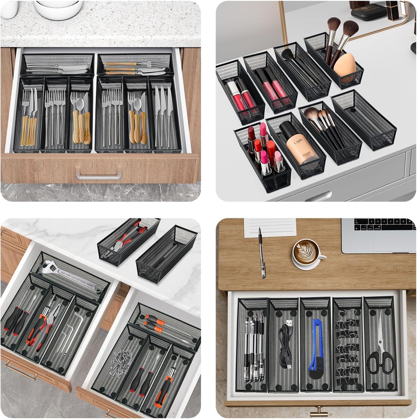 Neudeco Silverware Organizer,Mesh Drawer Organizer for Kitchen，Metal Utensil Organizer for Flatware, Knives, Spoons,Cosmetic (Silver 9 * 3 * 2 inch Pack6)