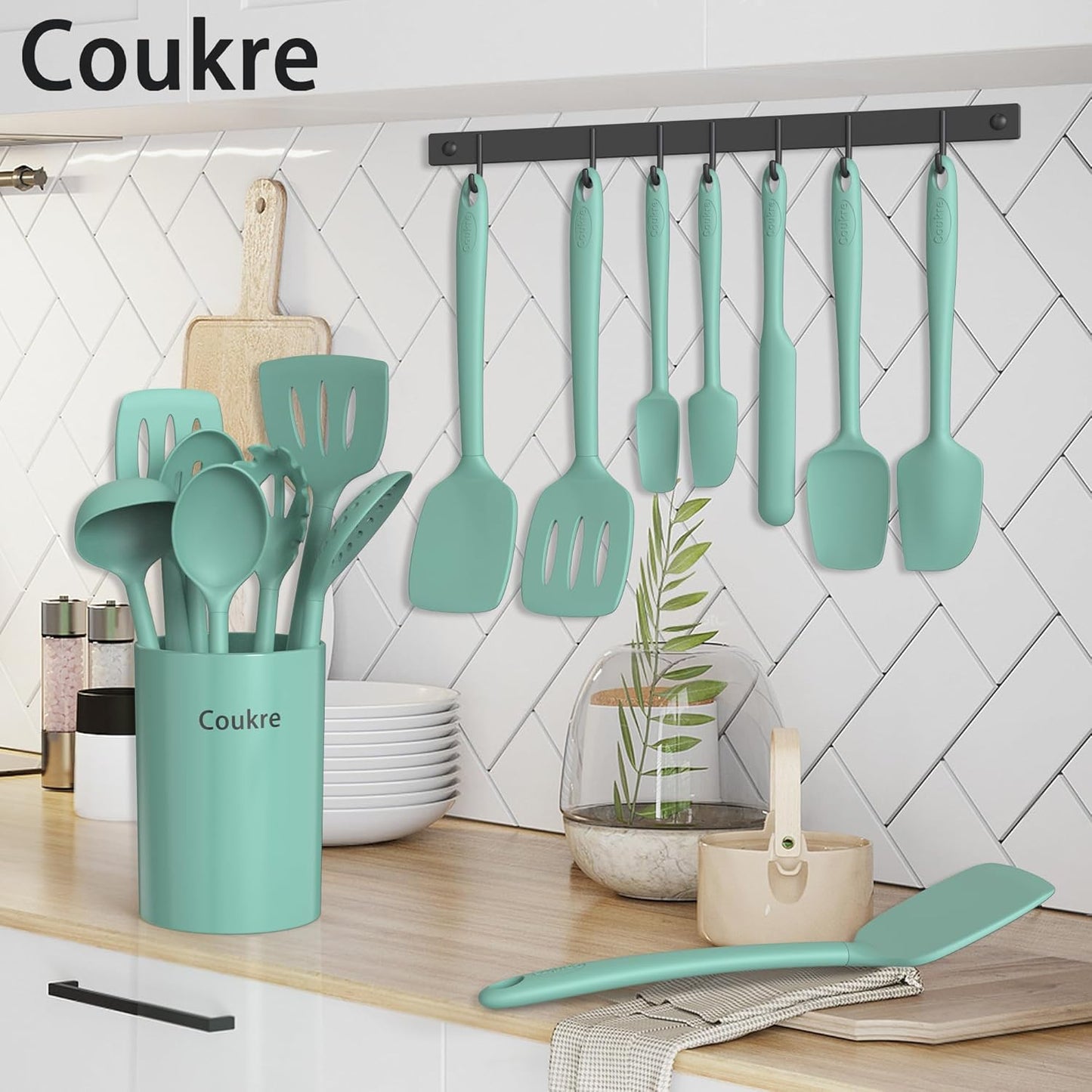 Coukre Silicone Kitchen Cooking Utensils Set with Holder – Heat-Resistant, Food-Grade Kitchen Tools, Spatula, Spoon & Gadgets for Non-Stick Pans, Dishwasher Safe (14, PureBlack)