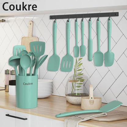 Coukre Silicone Kitchen Cooking Utensils Set with Holder – Heat-Resistant, Food-Grade Kitchen Tools, Spatula, Spoon & Gadgets for Non-Stick Pans, Dishwasher Safe (14, PureBlack)