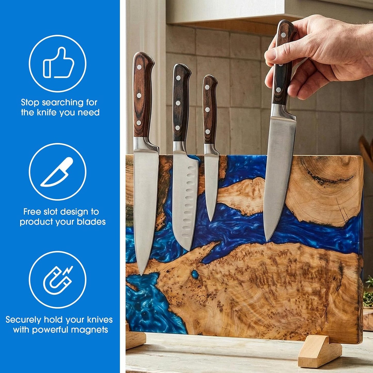 LemonRoad Extra Large Magnetic Knife Block, Double Sided Holder, Powerful Magnet Kitchen Storage, Acacia Wood and Blue Resin, 15.75 x 9.84 Inches