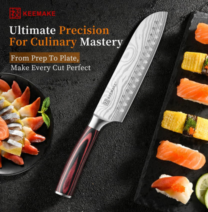 KEEMAKE Santoku Knife - 7 Inch High Carbon Japanese Chefs Knife with Ergonomic Pakkawood Handle and Sheath, Gifts for Mom or Dad, Kitchen Gadgets with Gift Box, Father Day Gifts