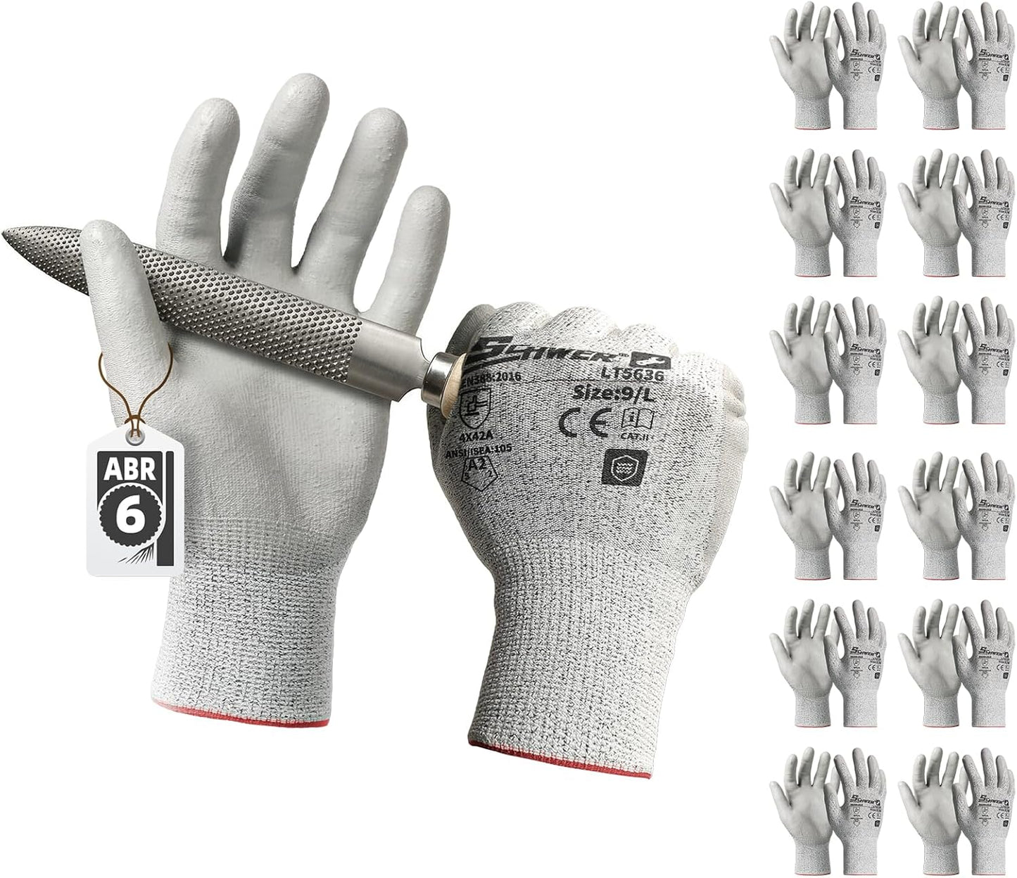 Schwer 6 Pairs ANSI A2 Cut Resistant Work Gloves with Certified Level 6 Ultra Abrasion Resistance, Safety Gloves with Grip for General Use, Construction, Gardening, Mechanic, 3D-Comfort, LT5636, L