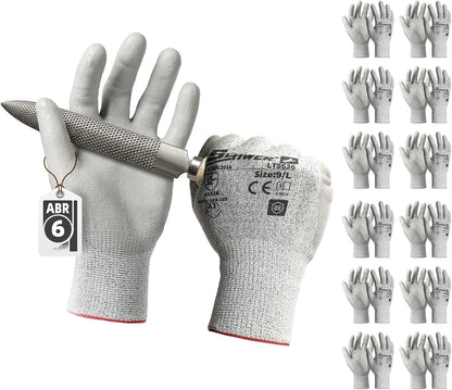 Schwer 6 Pairs ANSI A2 Cut Resistant Work Gloves with Certified Level 6 Ultra Abrasion Resistance, Safety Gloves with Grip for General Use, Construction, Gardening, Mechanic, 3D-Comfort, LT5636, L