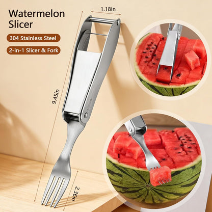 Watermelon Cutter, 2-in-1 Stainless Steel Fruit Cutter, Dual Head Watermelon Fork Slicer Tool, Summer Fruit Cutting Kitchen Gadget for Home (2PCS)