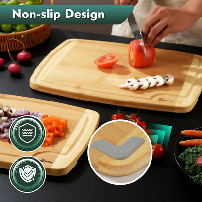 Wood Cutting Board Carbonized Bamboo Set With Smooth Surface Set 4 Packs with Non Slip Feet Holder and Over Sink Solid Thick Durable Wood Charcuterie Cheese Serving Tray Kitchen Gadgets (Carbonized)