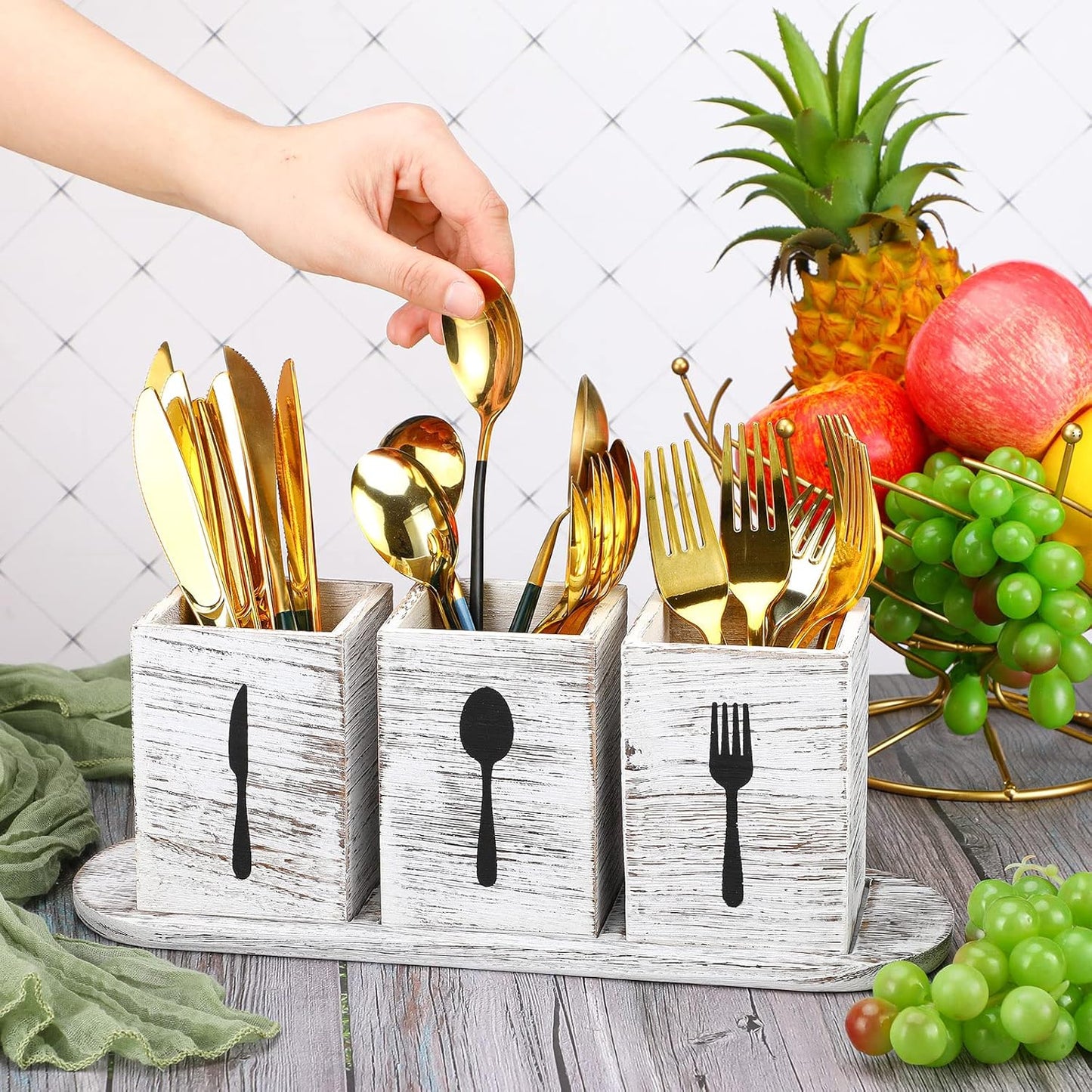 Kathfly 4 Pcs Silverware Caddy Utensil Holder for Countertop Silverware Organizer with Wood Tray Spoon Fork Holder 3. 15 x 3. 15 x 4. 53 Inches of Each Organizer for Kitchen Parties(White)