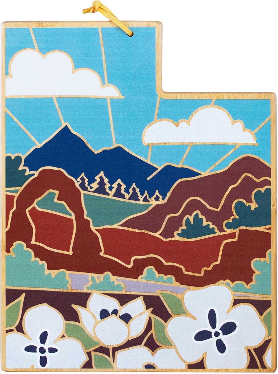 Totally Bamboo North Carolina State Shaped Cutting Board and Charcuterie Serving Platter with Artwork by Summer Stokes, Includes Hang Tie for Wall Display 18" x 8" x 5/8" - Colors A