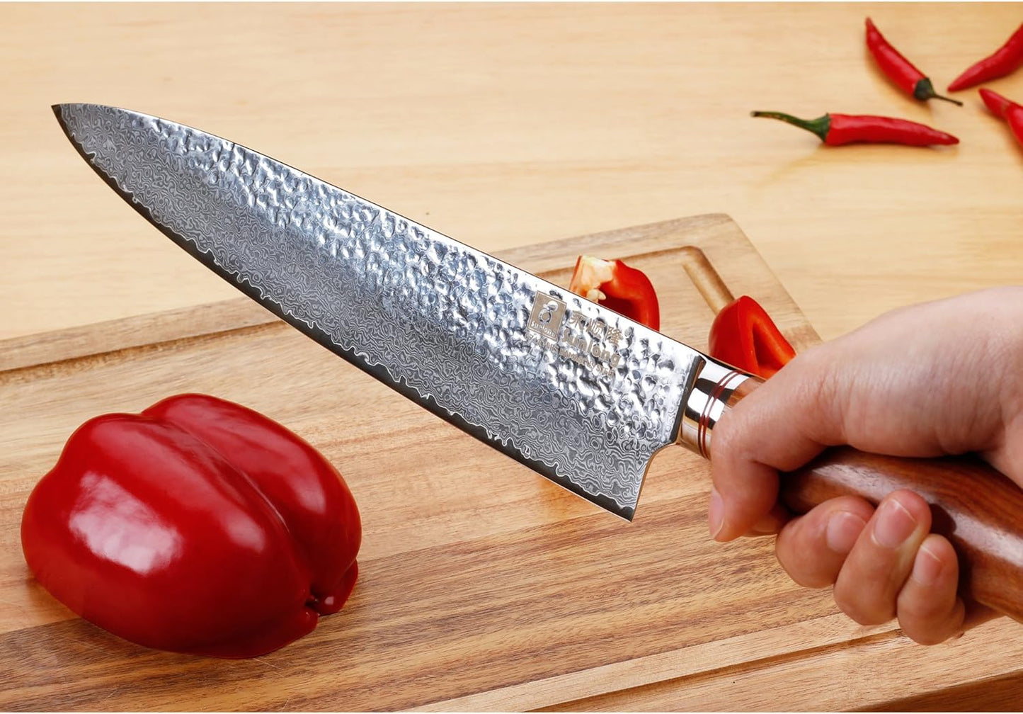 SUNLONG Chef's Knives 12 inch Pro Gyuto Japanese Hammered Damascus Natural Bloodwood Hand