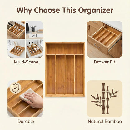 Bamboo Drawer Organizer - Expandable Kitchen Utensil Holder, Adjustable Silverware Drawer Organization, Kitchen Wooden Tray for Cutlery, Flatware & Stationery, 5-7 Slots (Natural)