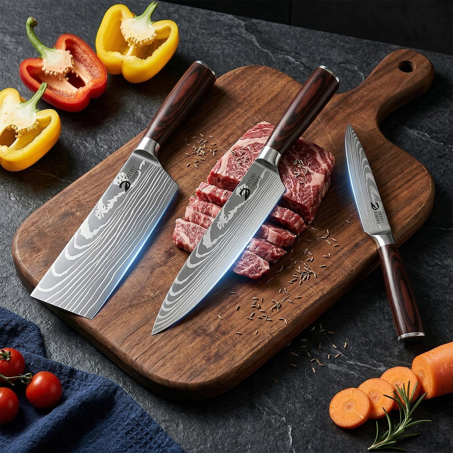 Dfito Kitchen Knife Set, 15 Pieces Knife Set with Block and Sharpener, High Carbon Stainless Steel Chef Knives Set with Red Pakkawood Handle for Home Cooking, Dishwasher Safe