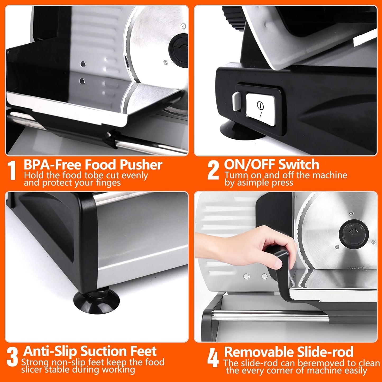 Meat Slicer 200W Electric Deli Food Slicer with 2 Removable 7.5" Stainless Steel Blade, Adjustable Thickness for Home Use, Child Lock Protection, Easy to Clean, Cuts Meat, Bread and Cheese