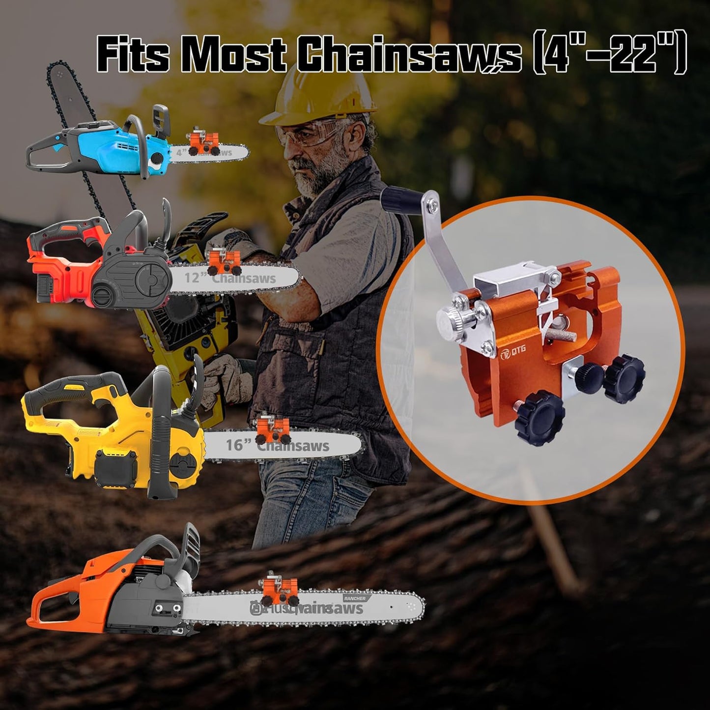QTG Manual Chain Saw Sharpener,Adjustable Clamp & Precision Guide,Portable Metal Attachment,8-22" Chain/Electric Saws