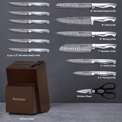 Knife Set, Astercook 21 Pieces Kitchen Knife Set with Built-in Sharpener, German Stainless Steel Knife Block Set, Razor-Sharp Knives with Full-tang Handle, Dishwasher Safe, Silver