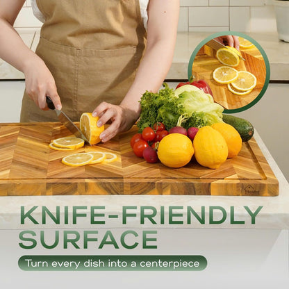 Howizz Acacia Wood Large Cutting Board, Thick End Grain Solid Wood Butcher Block For Kitchen, Non Toxic Pre-Oiled Carving Tray w/Juice Grooves and Easy Grip Handle, 20"x15"x1" (Gift-Ready Box)