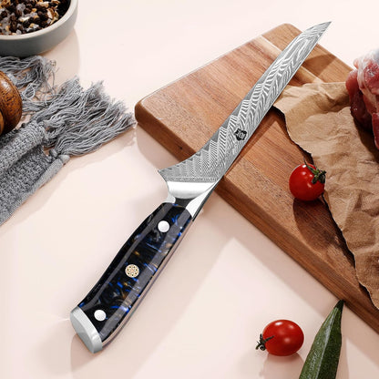 WILDMOK Damascus Boning Knife, 7 inch Super Sharp Fillet Knife, Japanese Damascus Steel, Full Tang Resin Handle, Includes Gift Box