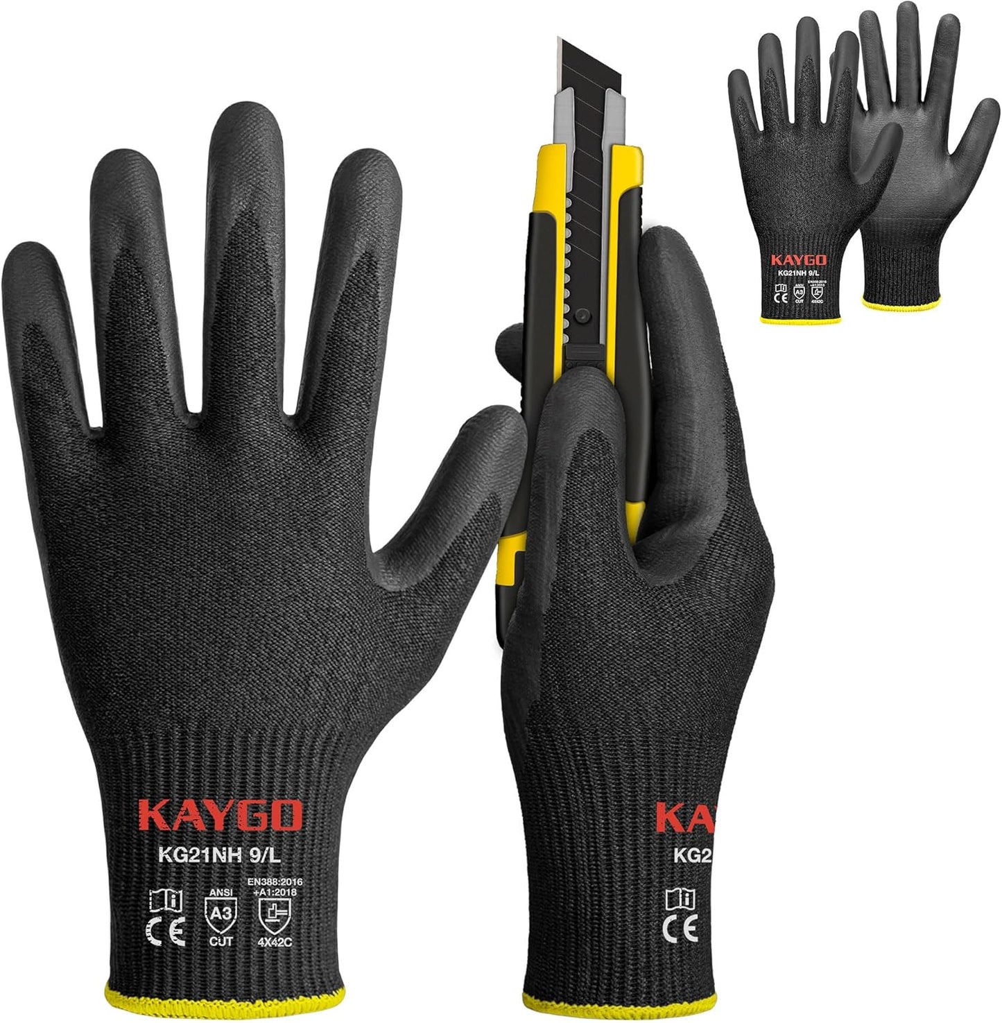 KAYGO 12 Pairs Cut Resistant Work Gloves for Men and Women,ANSI A3 Cutting Gloves,Nitrile Micro-Foam Safety Work Gloves KG21NB,Ideal for Wood Carving,Glass Handling, Construction,Fishing,Grey,S