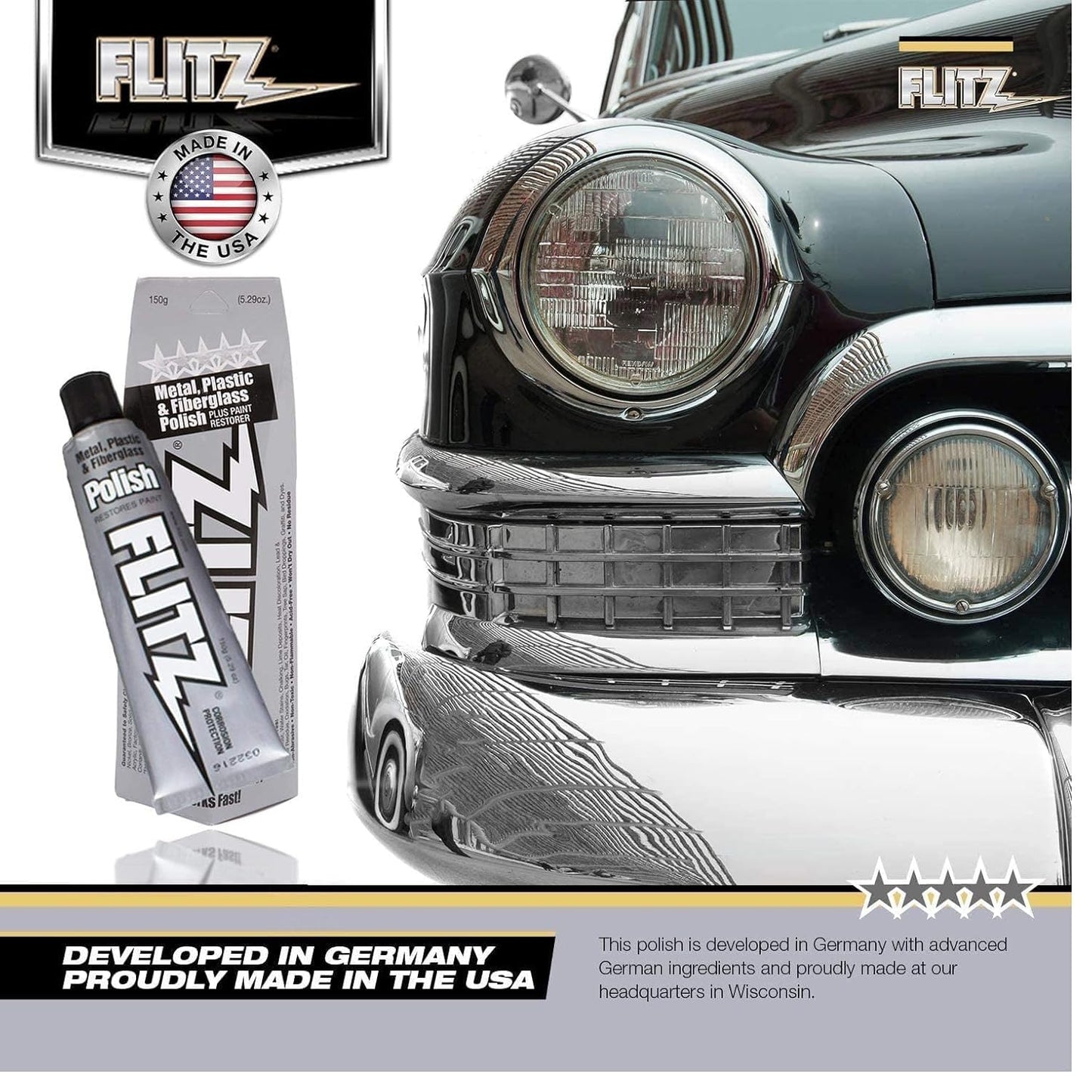 Flitz Metal Polish Paste - 5.29oz USA-Made Polish for Solid Chrome, Stainless Steel, & Aluminum - Non-Abrasive for Light Oxidation - Requires Manual Buffing - Not for Plated/Coated Surfaces (1 Pack)