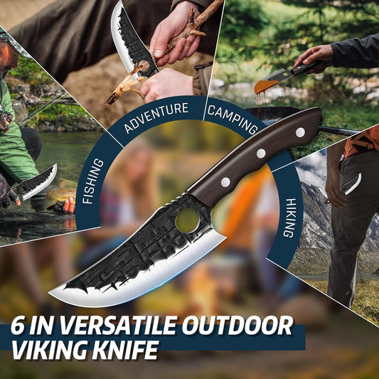 TIJERAS Butcher Knife Set, Hand Forged BBQ Viking Meat Cleaver Knives, Professional Chef Knife Set with Roll Bag for BBQ, Camping, Birthday Gifts for Men Women