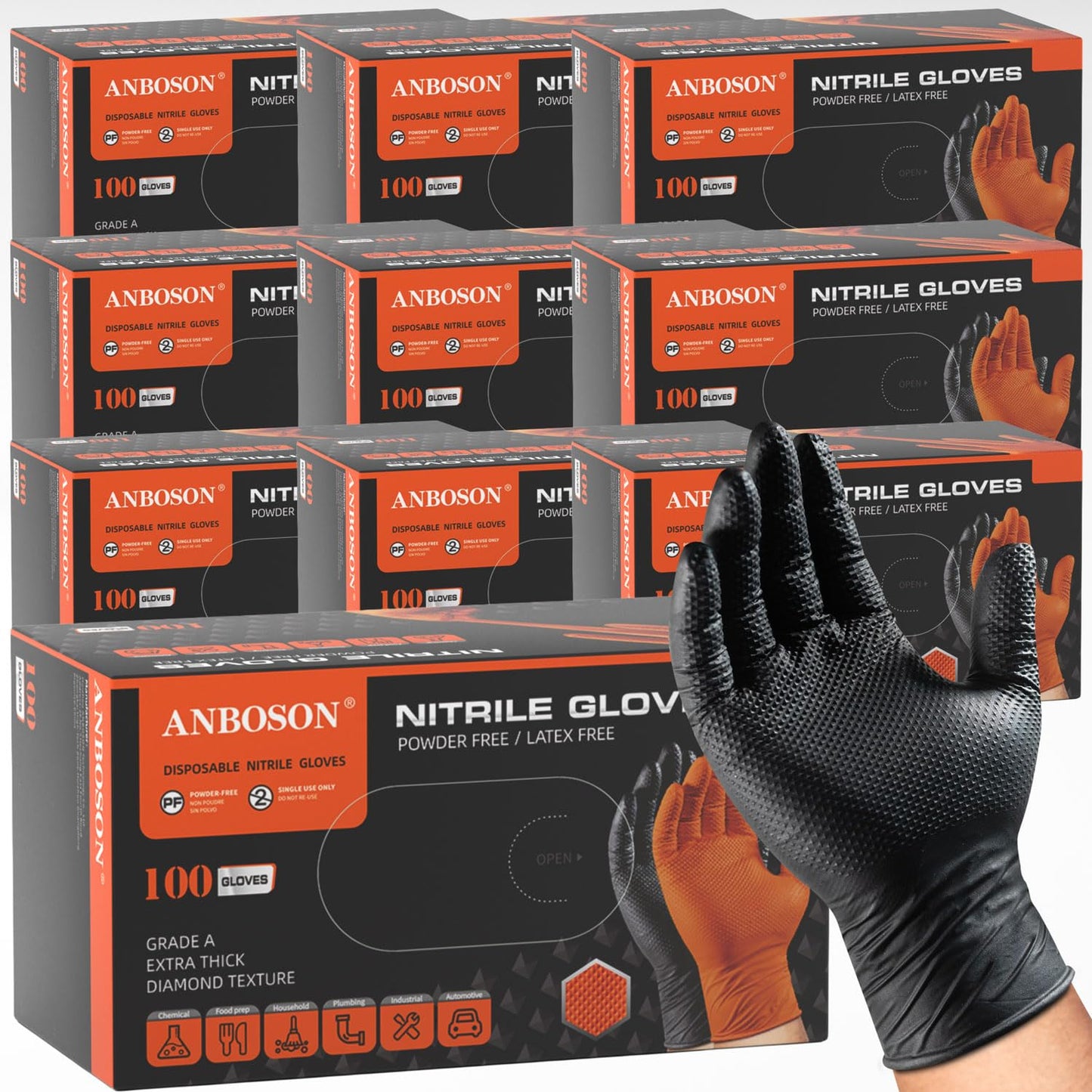 ANBOSON 10mil Heavy Duty Nitrile Gloves Large Black Disposable Rubber Gloves with Diamond Grip Anti Chemical Puncture Resistant Mechanics Guantes for Men/Auto repair/Cooking/Food Grade-Latex Free-100