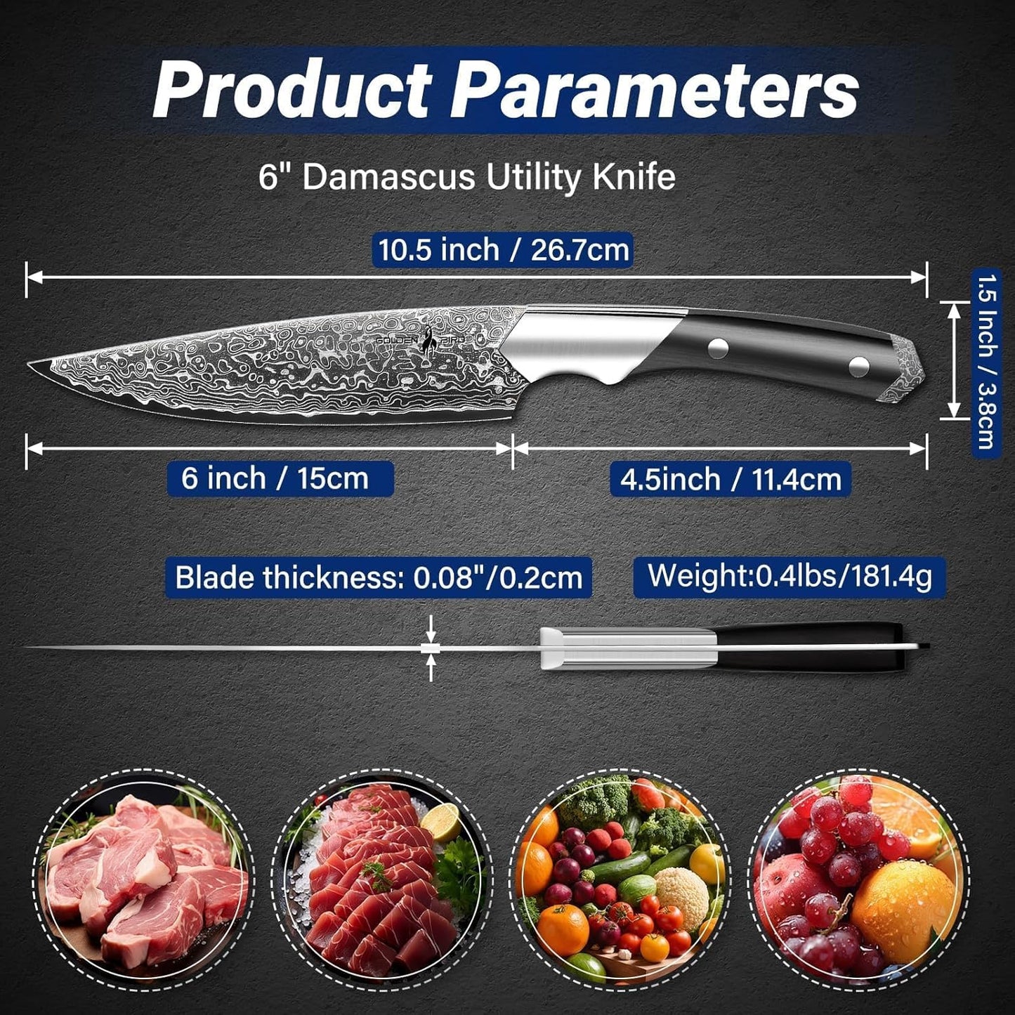 Golden Bird 6 inch Kitchen Utility knife, Japanes VG10 Damascus Steel Chef Knives with Wooden Handle, Small Paring Knife for Fruit and Vegetable, Ideal Gift