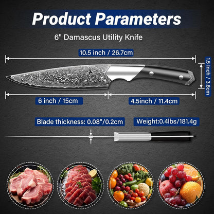 Golden Bird 6 inch Kitchen Utility knife, Japanes VG10 Damascus Steel Chef Knives with Wooden Handle, Small Paring Knife for Fruit and Vegetable, Ideal Gift