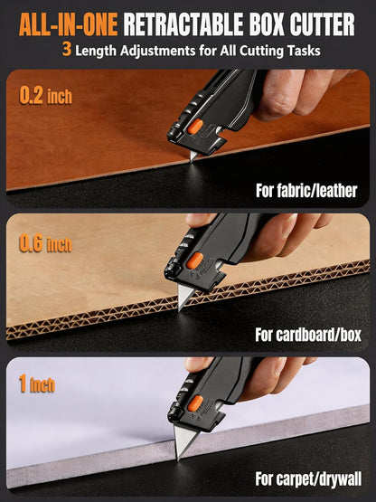 VOTREK® Box Cutter Retractable| Metal Utility Knife Set【Built-In Storage】 Tool-Free Quick Blade Change| Safety Lock| Extra 10 Sharp SK5 Blades| 2-Pack Heavy Duty Razor Knife for Cardboard & Plastic