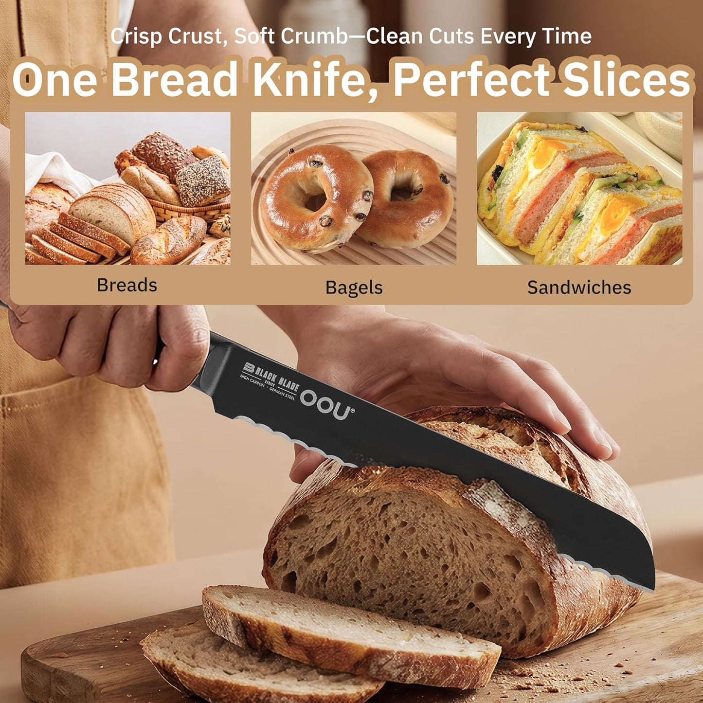 OOU 8 Inch Chef Knife, German 1.4116 Stainless Steel Kitchen Knife, Gunmetal Blade with AgShield & TinSharp Finish, Balanced ABS Handle, Sharp Cooking Knife for Meat, Vegetables and Daily Prep