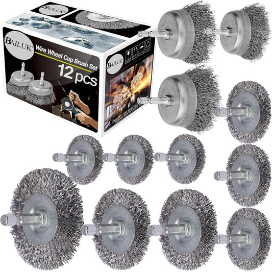 Wire Wheel for Drill Cup Brush Set,0.012-Inch Coarse Crimped Carbon Steel,Die Grinder Wire Brush for Drill,1/4In Hex Shank(12 Pack)