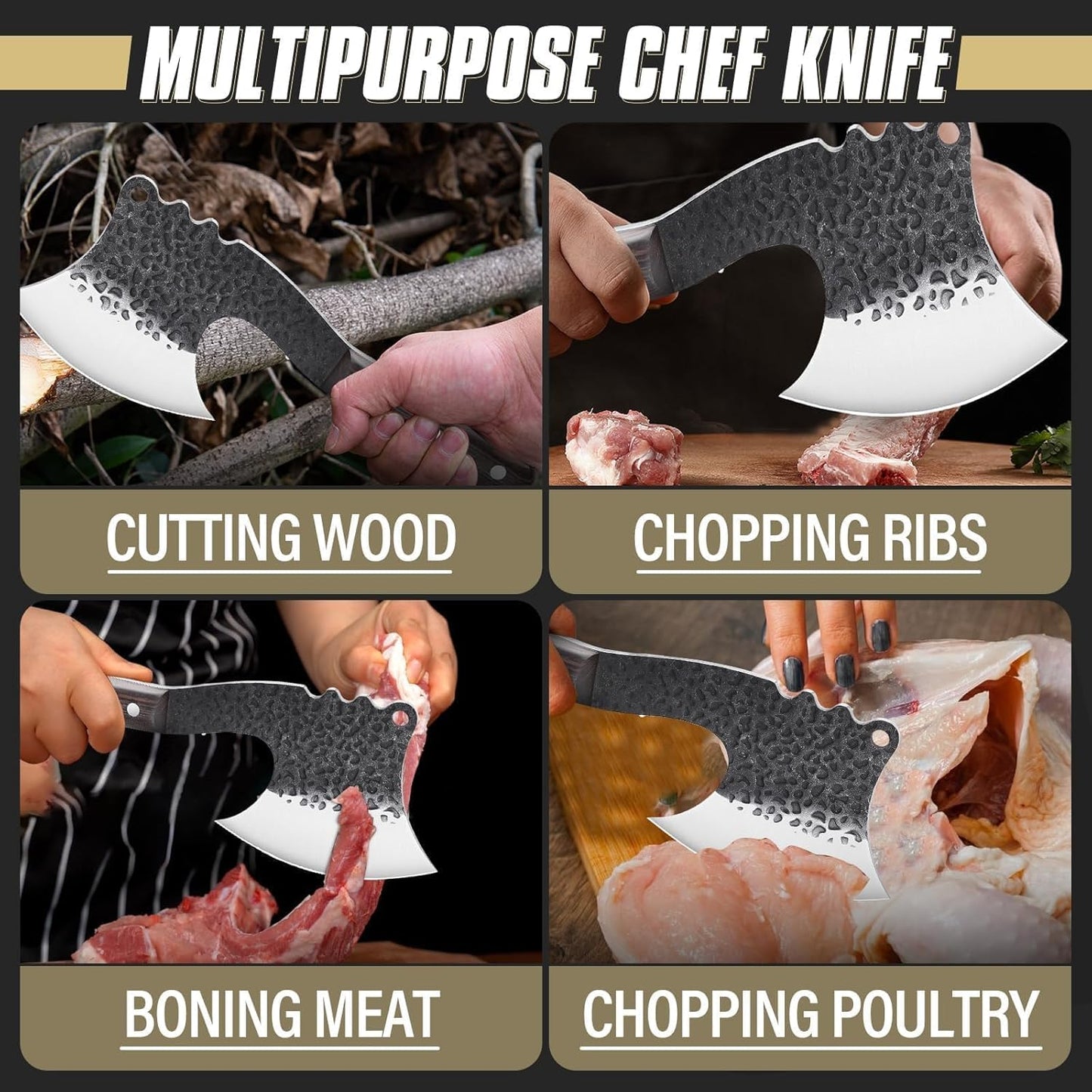 Dream Reach Meat Cleaver, 6.9 inch Black Boning Knife, High Carbon Steel Sharp Kitchen Forged In Fire Knife with Sheath Gift Box Bottle Opener for Outdoor Camping, Christmas Gifts for Men Women