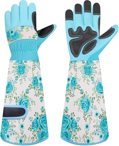 DLY Gardening Gloves for Women, Rose Gloves Gardening Thorn Proof, Long Garden Gloves for Women, Breathable Cowhide Leather Gauntlet (Medium, Blue)