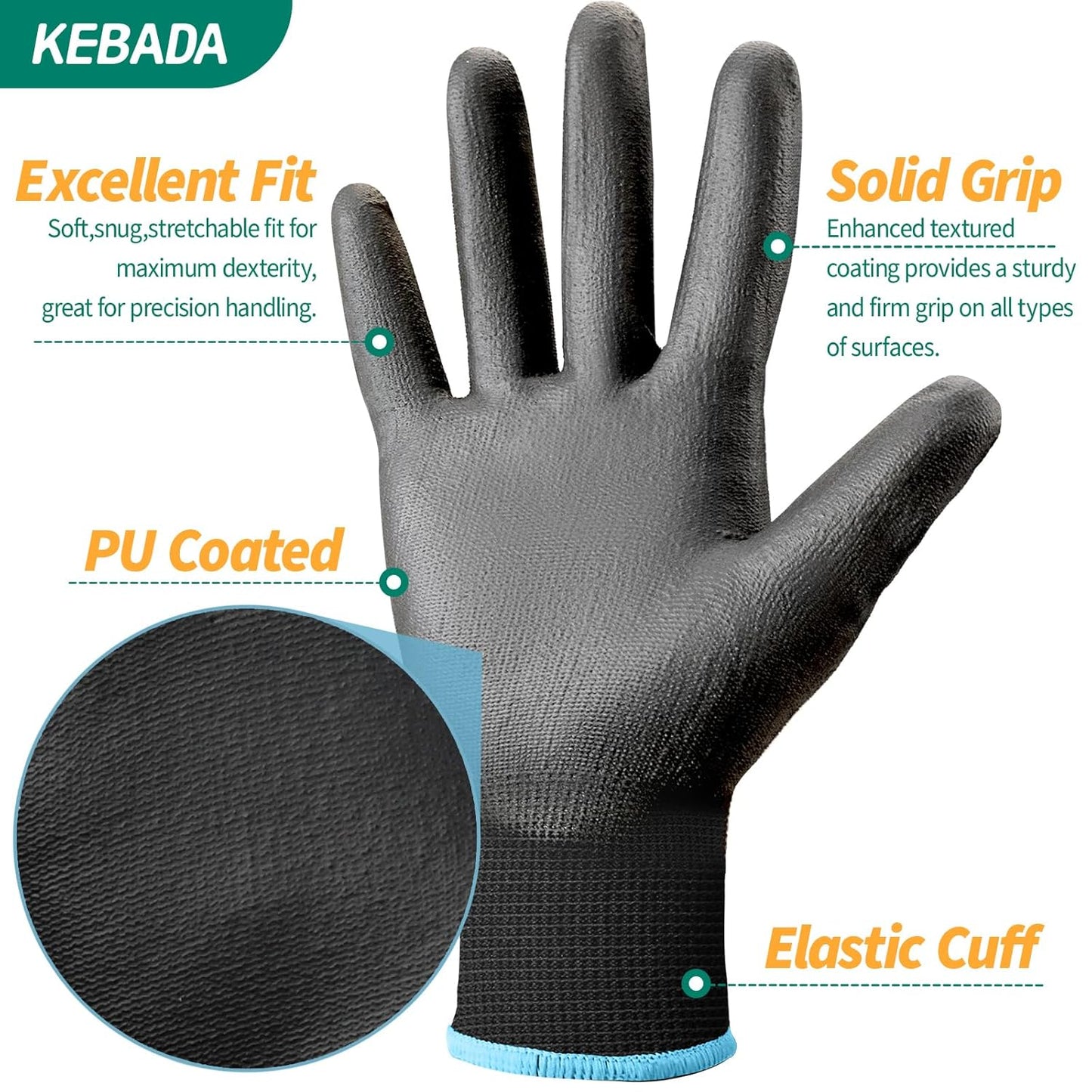 Kebada W1 Work Gloves for Men and Women, PU Coated Safety Gloves with Grip, Touchscreen, Ideal for Warehouse Package Handling, Construction, Gardening, 12 Pairs Gray Large