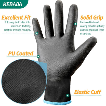 Kebada W1 Work Gloves for Men and Women, PU Coated Safety Gloves with Grip, Touchscreen, Ideal for Warehouse Package Handling, Construction, Gardening, 12 Pairs Gray Large