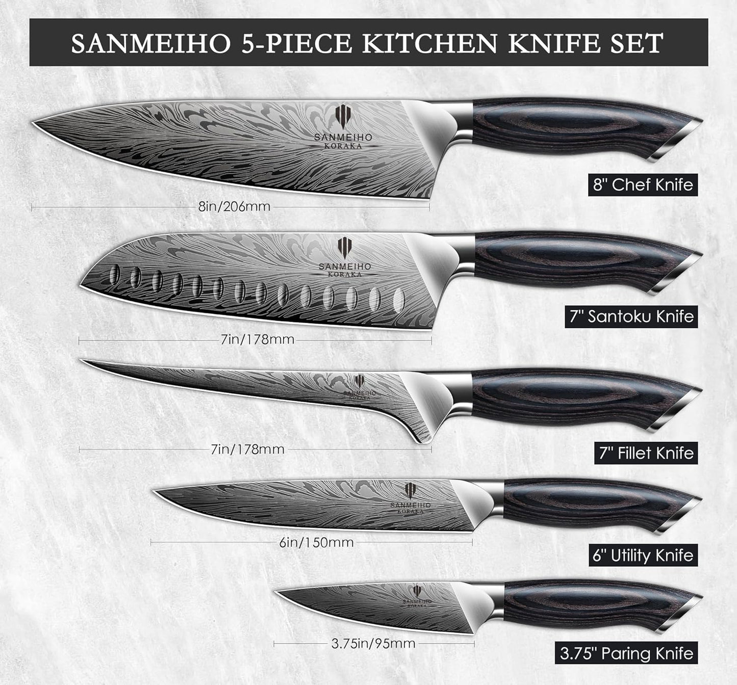 5PCS Knife Set, Kitchen Knife Sets in Powder Steel, Ultra Sharp Japanese Knives Set High Carbon Steel Chef Knives Sets, Cooking Knives Set with Ergonomic Pakkawood Handle