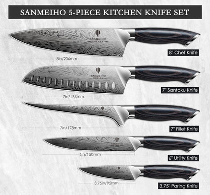 5PCS Knife Set, Kitchen Knife Sets in Powder Steel, Ultra Sharp Japanese Knives Set High Carbon Steel Chef Knives Sets, Cooking Knives Set with Ergonomic Pakkawood Handle