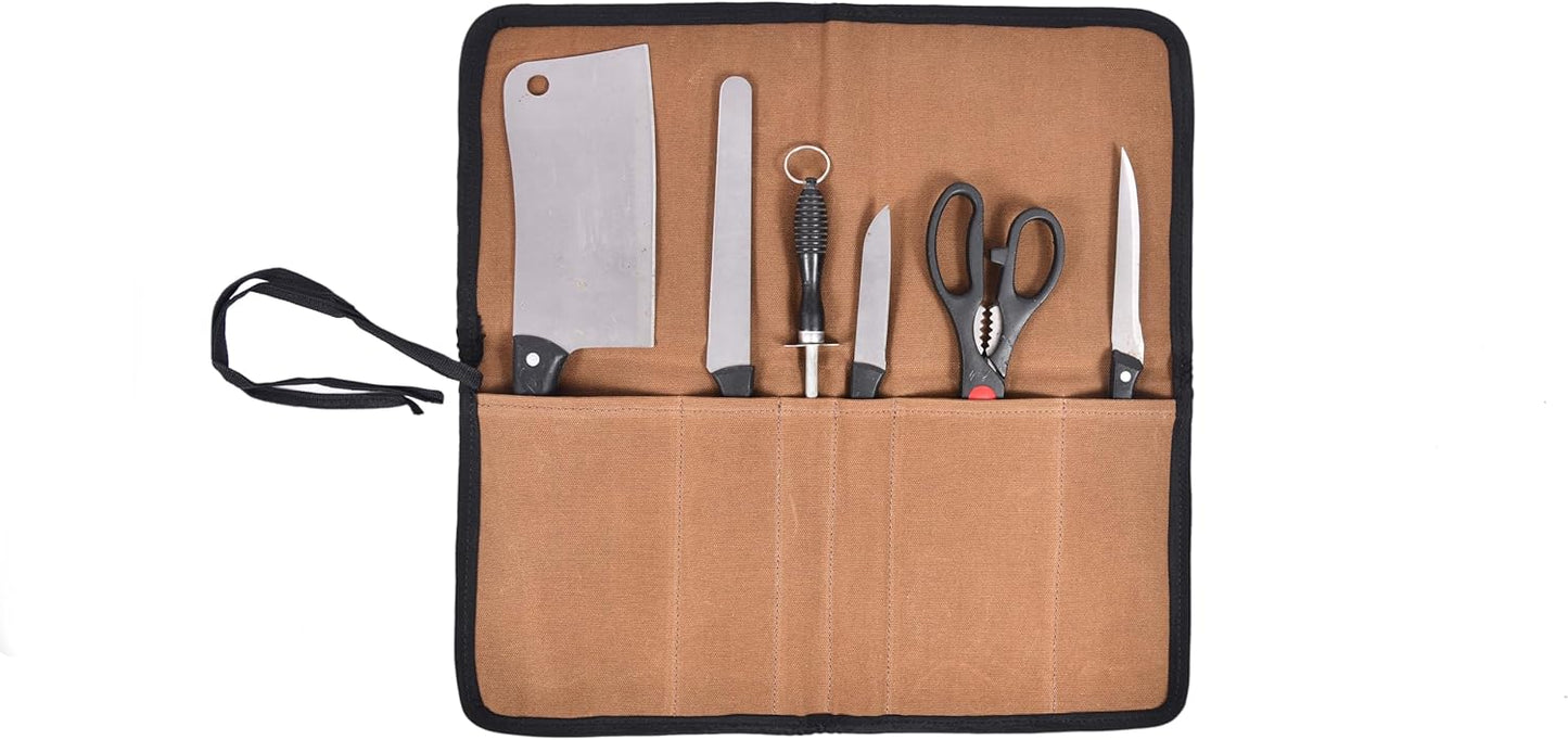 Aaron Leather Goods Professional Knife Roll Bag, 6-Slot Chef Knife Case, Brown Genuine Leather (Seaweed)