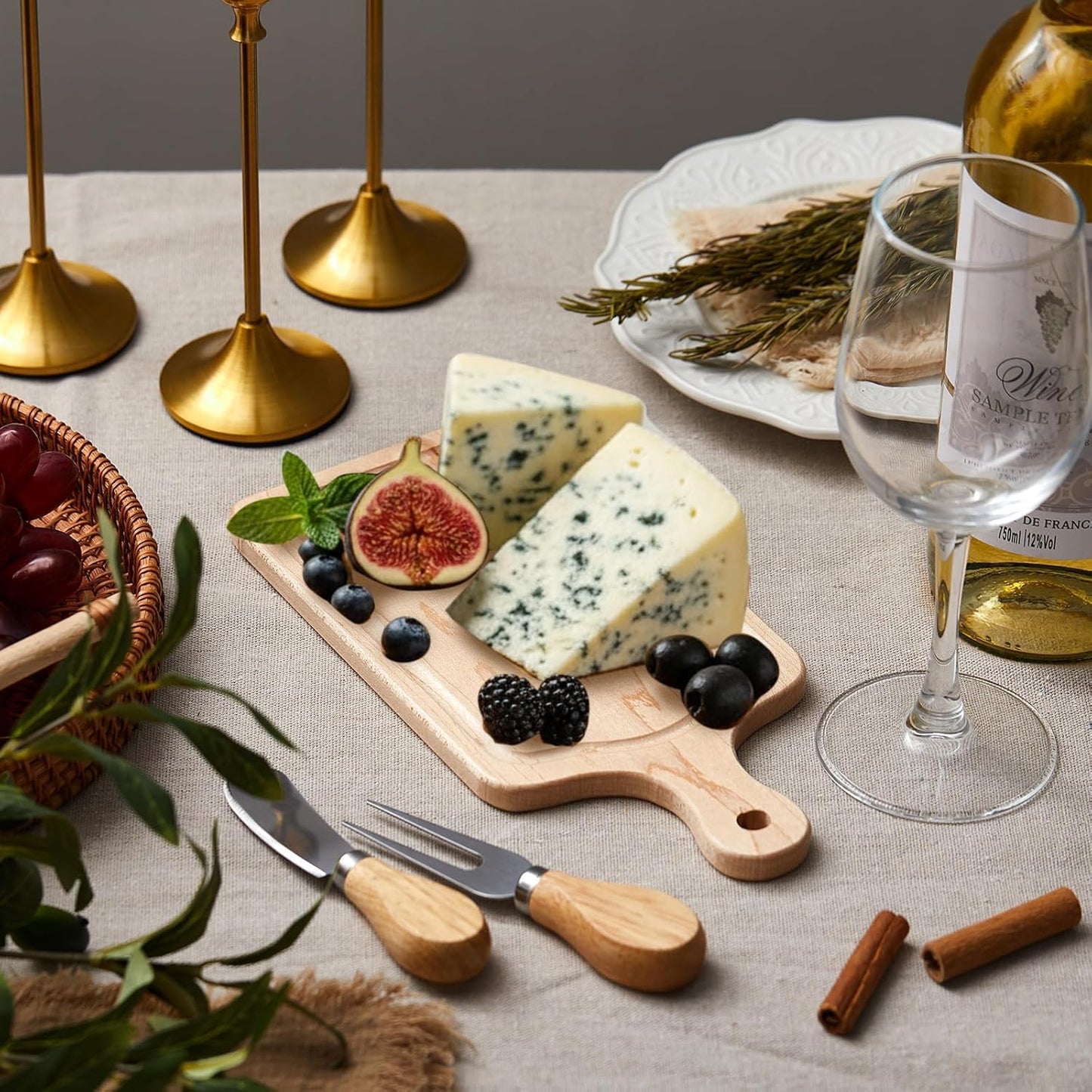1 Set Bridal Baby Shower Cheese Prizes Wooden Square Board Gift Set Knives Forks Thank You Tags with Box for Guests for Valentines Bridal Baby Shower Housewarming Gifts (Acacia Color)