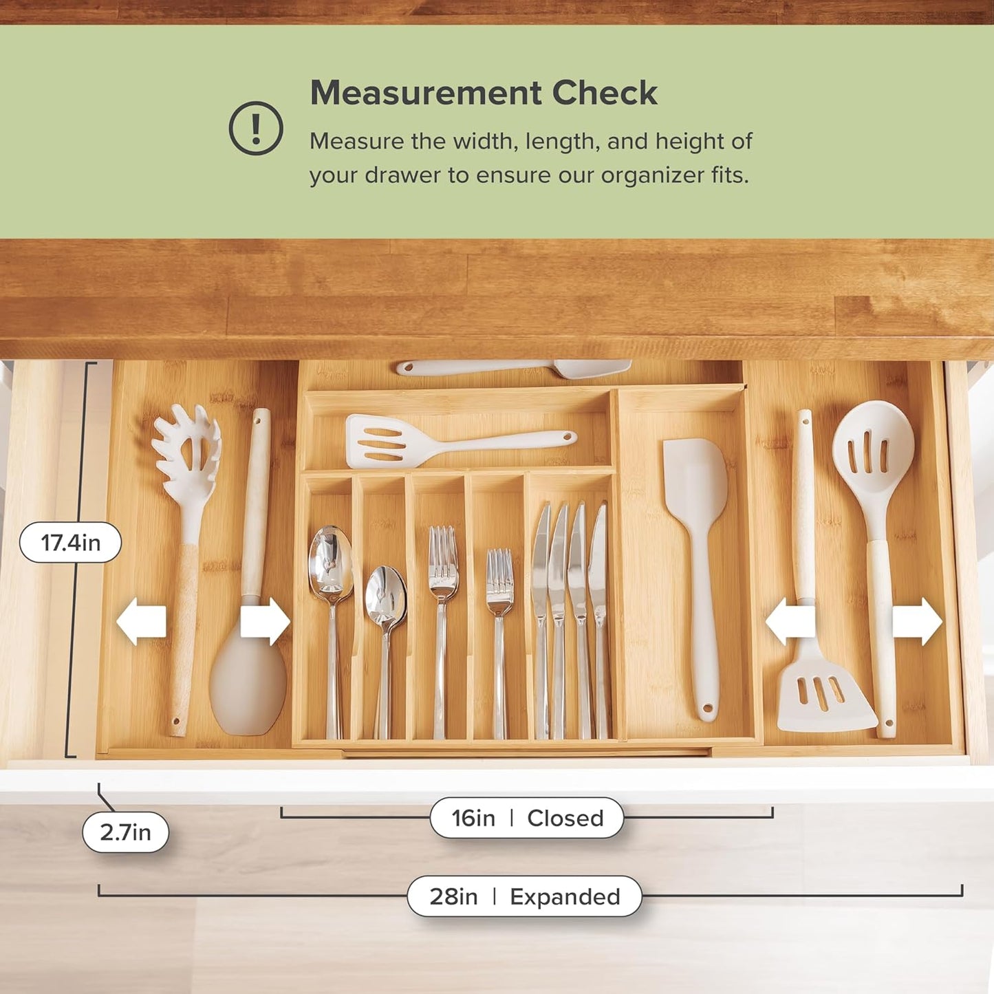 KitchenEdge Premium Silverware, Flatware and Utensil Organizer for Kitchen Drawers, Food-Safe Contract Grade, Expandable from 18 to 33 In, Gray Bamboo