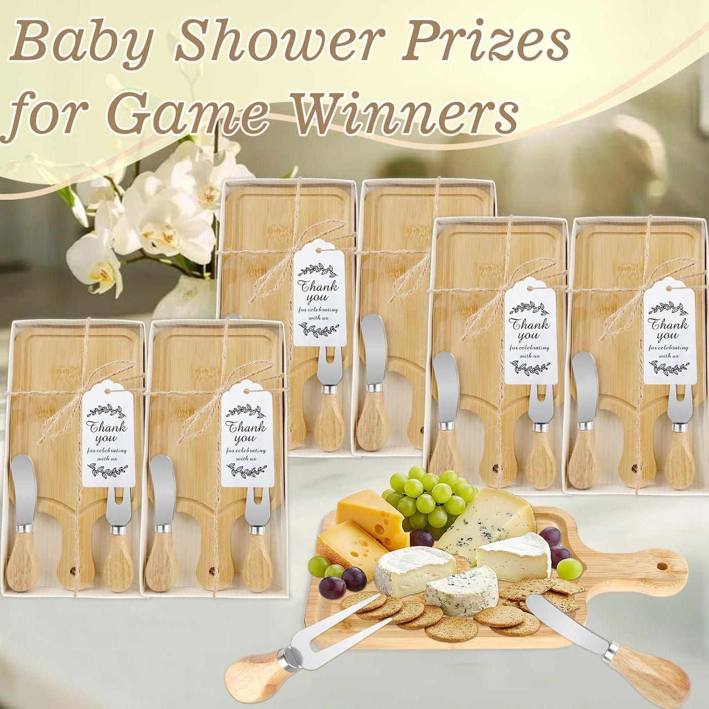 1 Set Baby Shower Prize for Game Winners Adults, Bridal Shower Prize for Guests, Small Cheese Board Gift Set with Wood Mini Charcuterie Board, Knives, Forks, Thank You Card & Gift Box