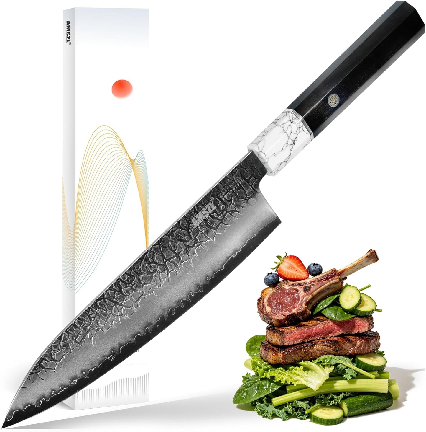 Japanese 8" Forged Chef Knife for Kitchen, Razor Sharp VG10 Steel Core with 5-Layer High Carbon Finish, Hammered Cracked Pattern, Ebony Handle with Turquoise (White)