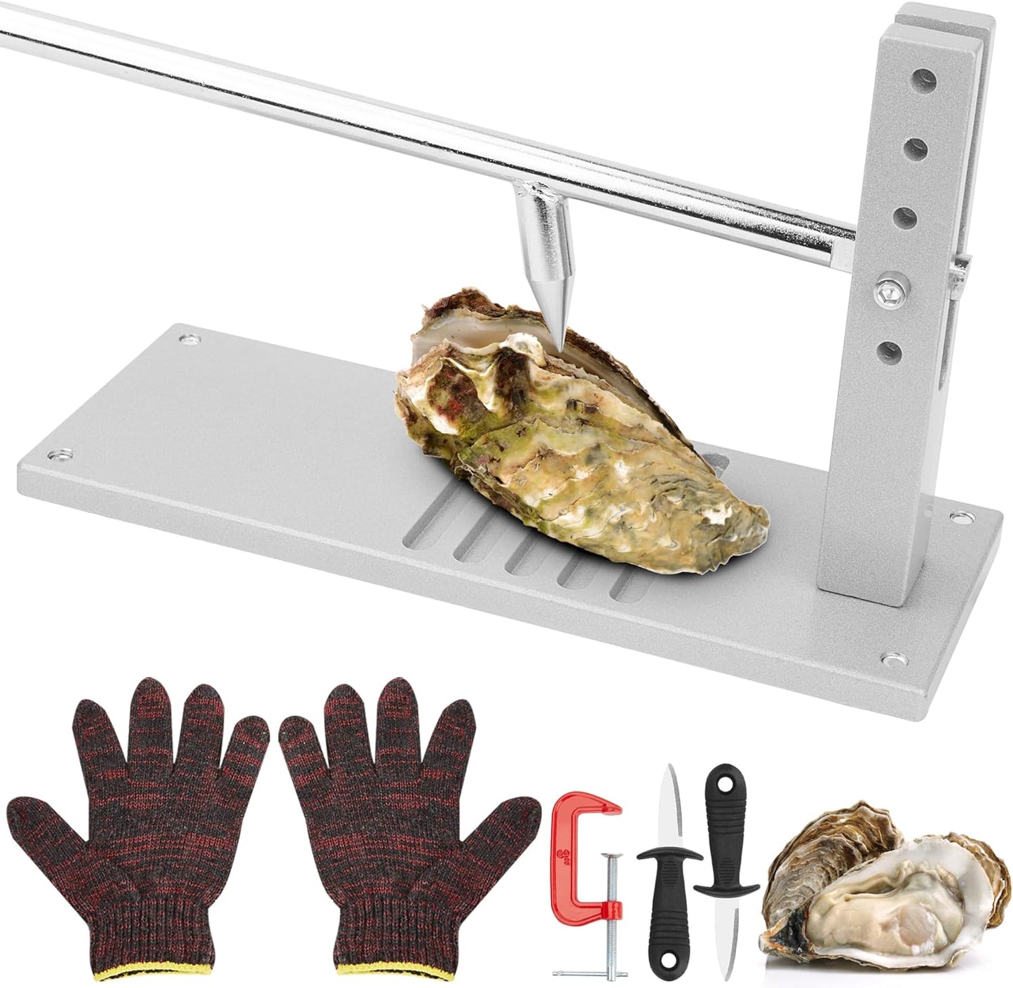 Oyster Shucking Machine with Adjustable Handle Oysters Shucker Tool Clam Shell Opener Machine Seafood Tools Set, Including Two Oyster Shucking Knife, one Pair of Glove and one G-Clip