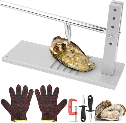 Oyster Shucking Machine with Adjustable Handle Oysters Shucker Tool Clam Shell Opener Machine Seafood Tools Set, Including Two Oyster Shucking Knife, one Pair of Glove and one G-Clip