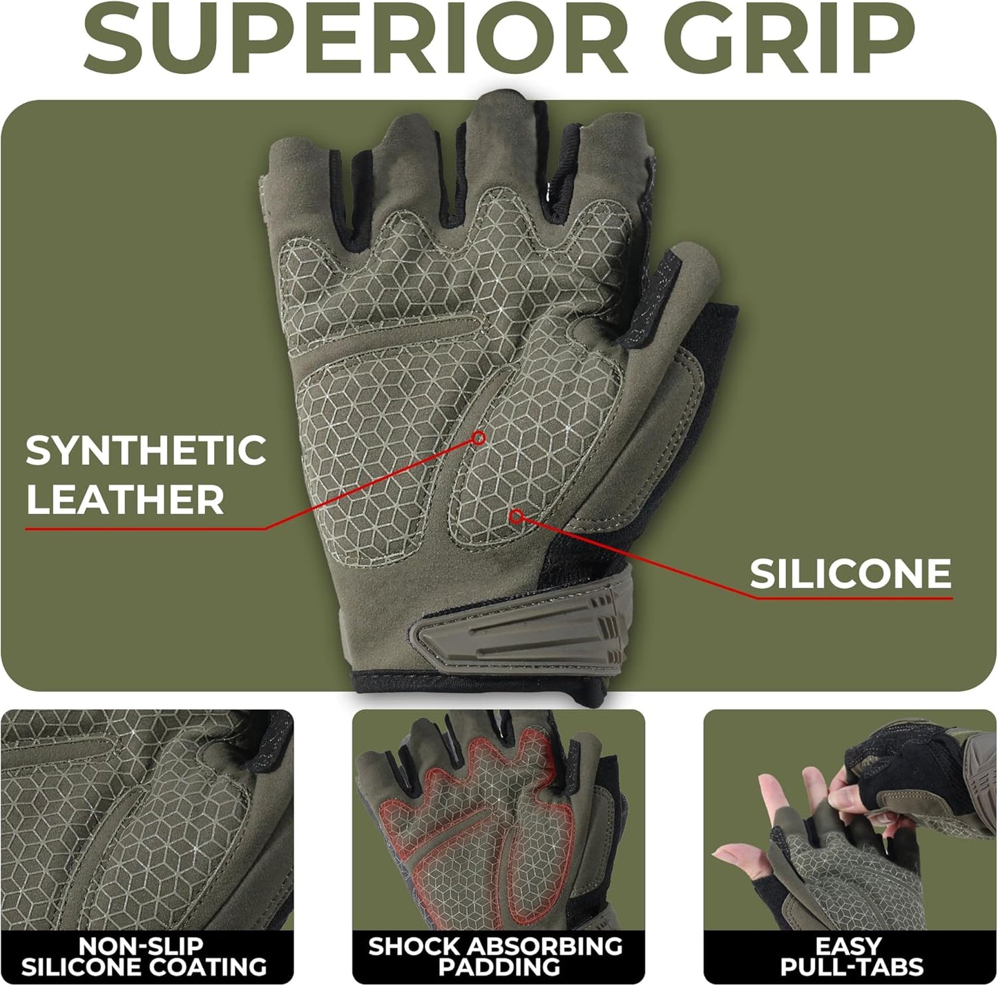HANDLANDY Fingerless Work Gloves for Men Utility Padded Half Finger Driving Working Gloves (Large, Green)