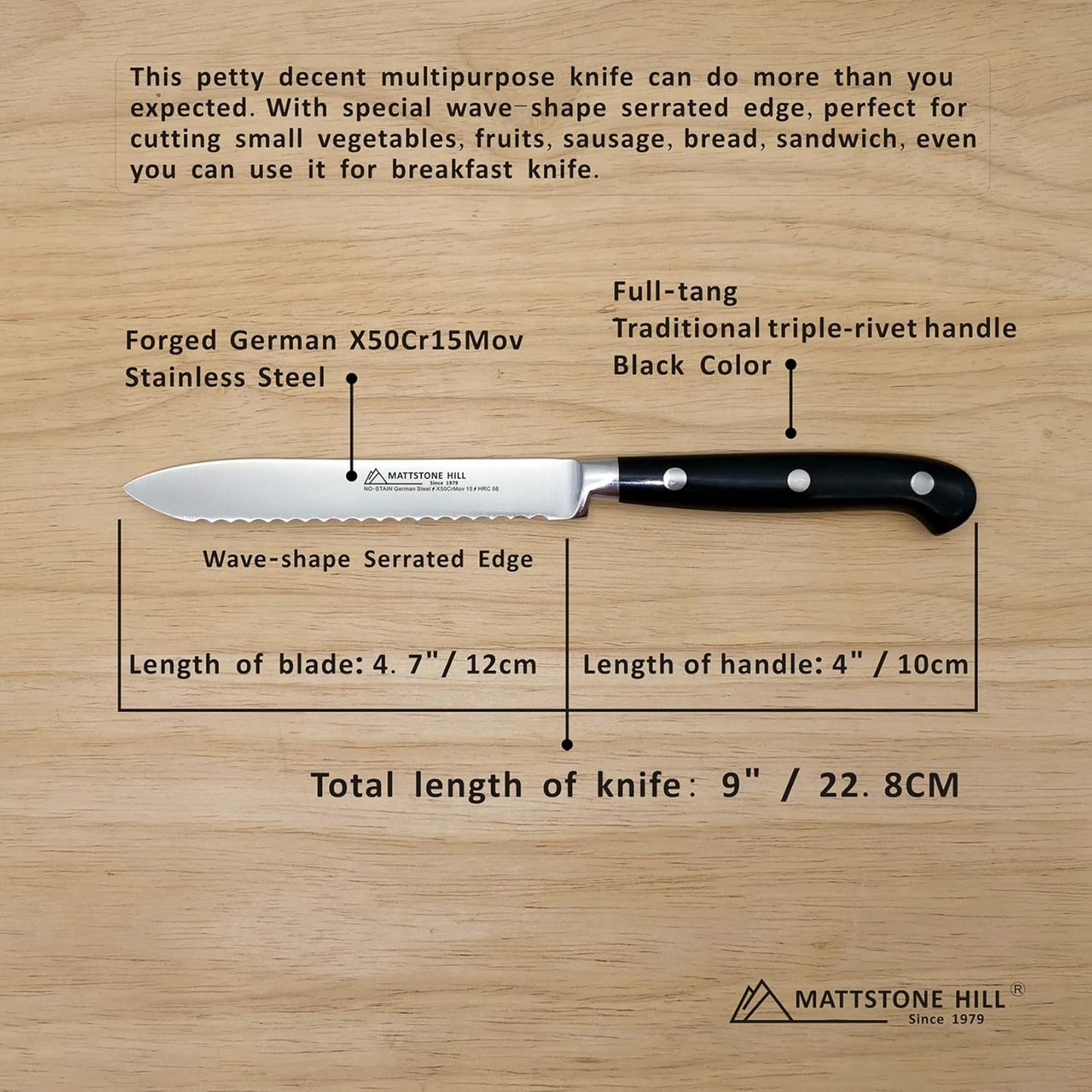 Serrated Utility Knife - MATTSTONE HILL 4.7" Kitchen Knife, German Stainless Steel Vegetable Knife, Paring Knife, Triple Rivet Handle