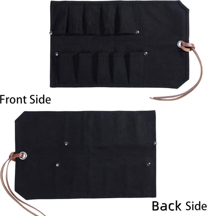 Chisel Roll, Tool Roll Up Bag with 10 staggered tool pockets, Heavy Duty 16oz Waxed Canvas Small Tool Organize Pouch (Black)