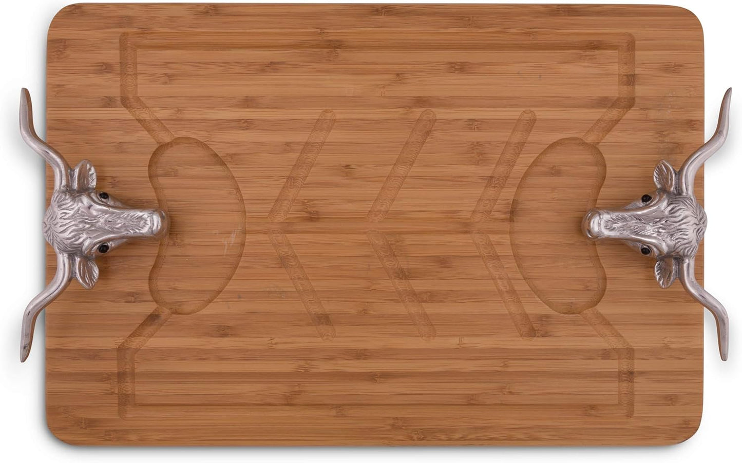 Arthur Court Designs Aluminum Longhorn Handle Bamboo Wood Carving/Cheese Board Large Tray for Serving Meats or Appetizer 20 inch x 13 inch