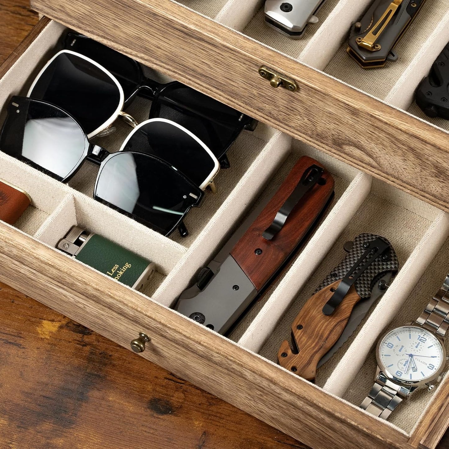 Knife Display Case, 3-Layer Pocket Knife Case Display & Storage Knives, Solid Wood Knife Case for Collections, Gift for Boyfriend Fathers Day Birthday Gifts(Black)