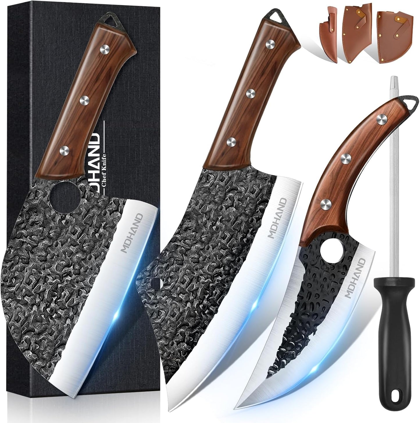 MDHAND Butcher Knife Set, 12PCS Hand Forged Serbian Chef Knife Set with Bag, High Carbon Steel Full Tang Kitchen Knives Set, Meat Cleaver & Boning Knife for Brisket Trimming BBQ Camping, Gift for Men