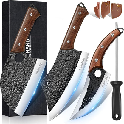 MDHAND Butcher Knife Set, 12PCS Hand Forged Serbian Chef Knife Set with Bag, High Carbon Steel Full Tang Kitchen Knives Set, Meat Cleaver & Boning Knife for Brisket Trimming BBQ Camping, Gift for Men